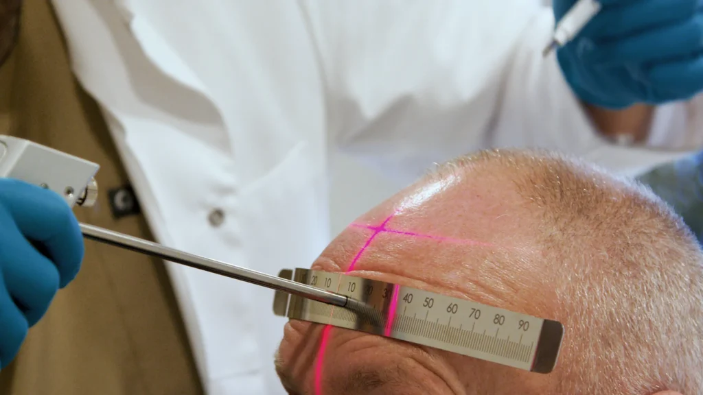 Close-up van het meten van de voorhoofd bij een DHI-haarextractie behandeling bij Armeda Clinics in Eindhoven