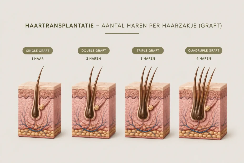 Infographic met vier dwarsdoorsneden van de hoofdhuid: een single graft met één haar, een double graft met twee, een triple graft met drie en een quadruple graft met vier haren