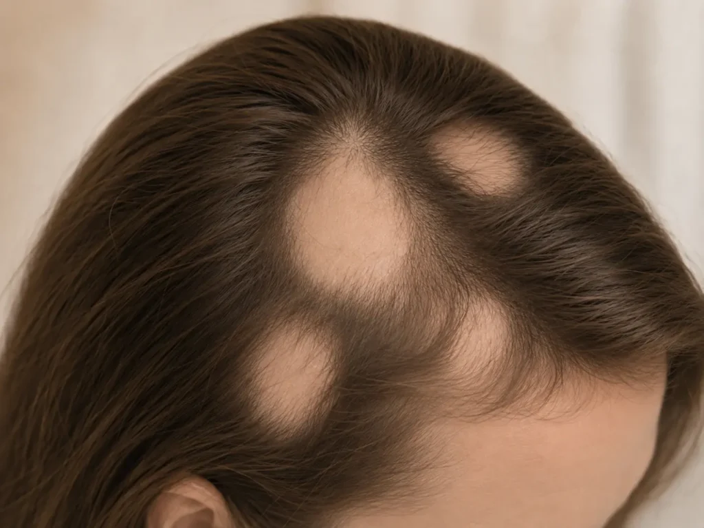 Meerdere ronde kale plekken in het haar van een vrouw, kenmerkend voor alopecia areata