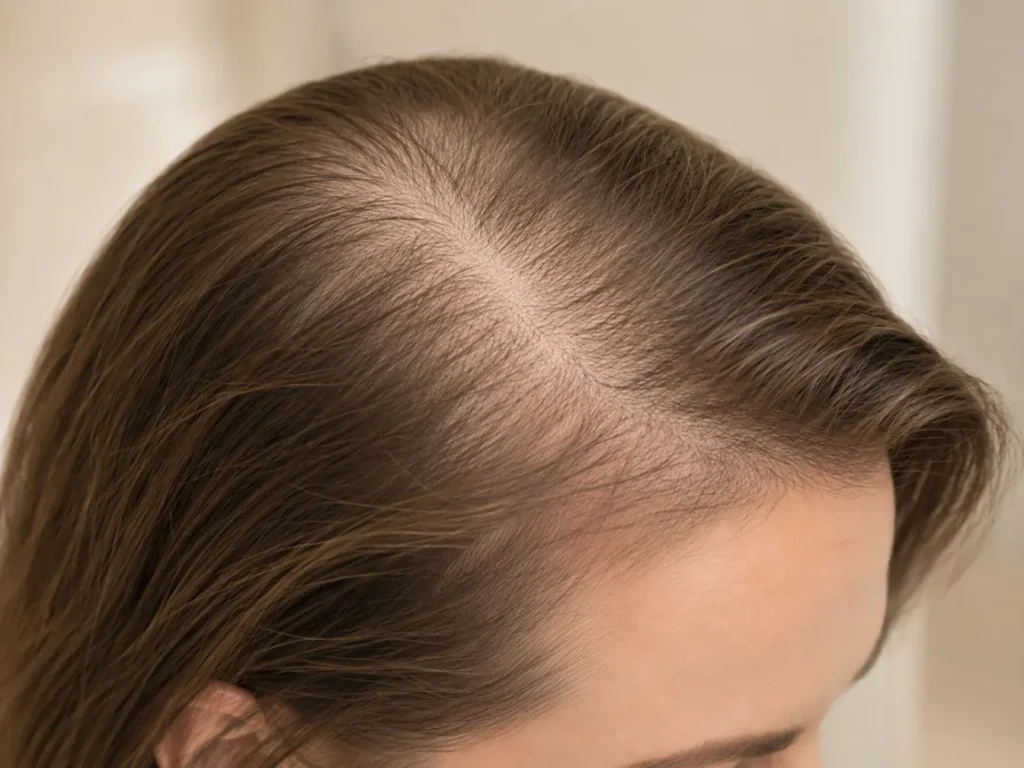 Brede scheiding bij een vrouw waar de hoofdhuid doorschemert, beginnende haarverdunning