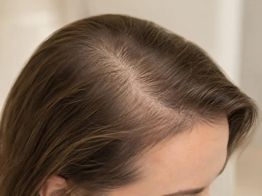 Vrouw met dunner wordend haar rond een brede scheiding