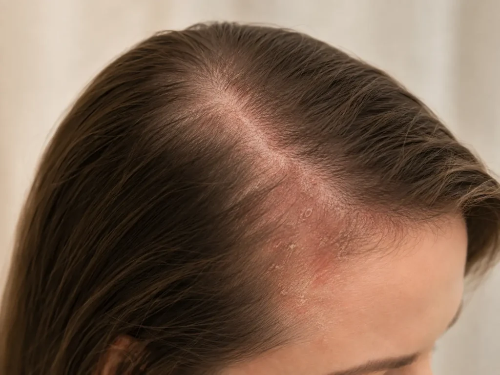 Rode, schilferige plek bij de haarlijn van een vrouw: eczeem op de hoofdhuid