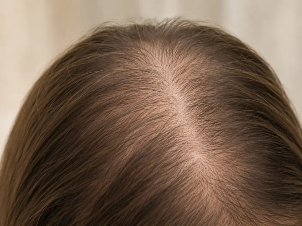 Vrouw met een brede scheiding en zichtbare hoofdhuid door haaruitval