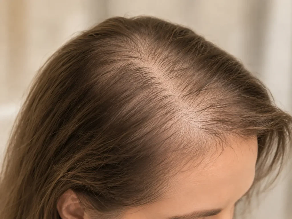 Dunner wordend haar rond de haarlijn en slaap van een vrouw