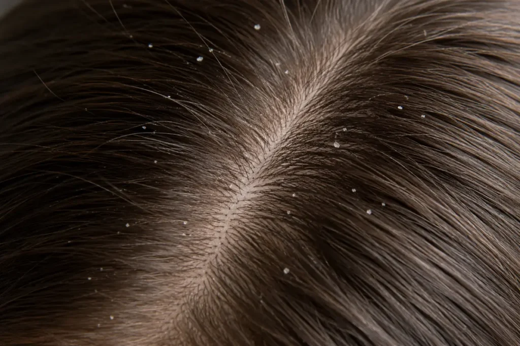 Kleine witte schilfers in donker haar rond de scheiding bij een jeukende hoofdhuid