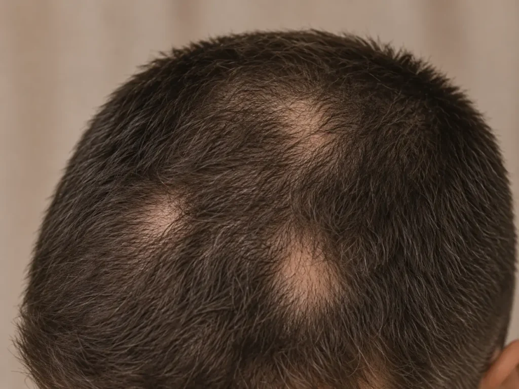 Achterhoofd van een man met verspreide kale plekken in het donkere haar
