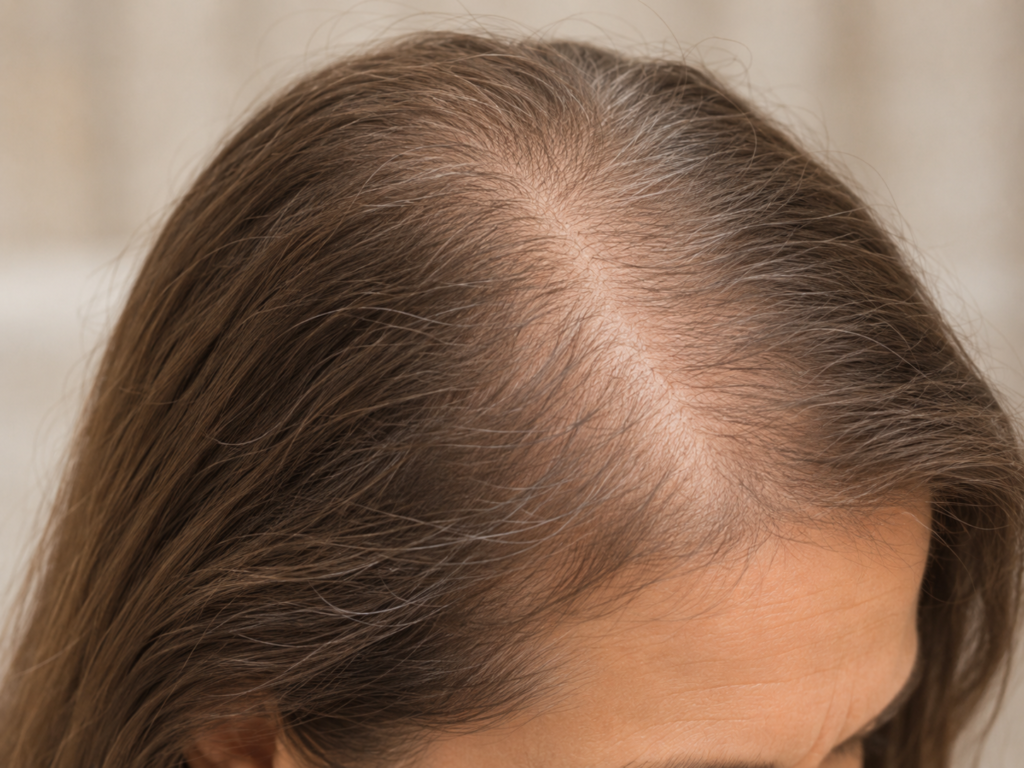 Vrouw met haarverdunning rond de scheiding en een terugwijkende haarlijn