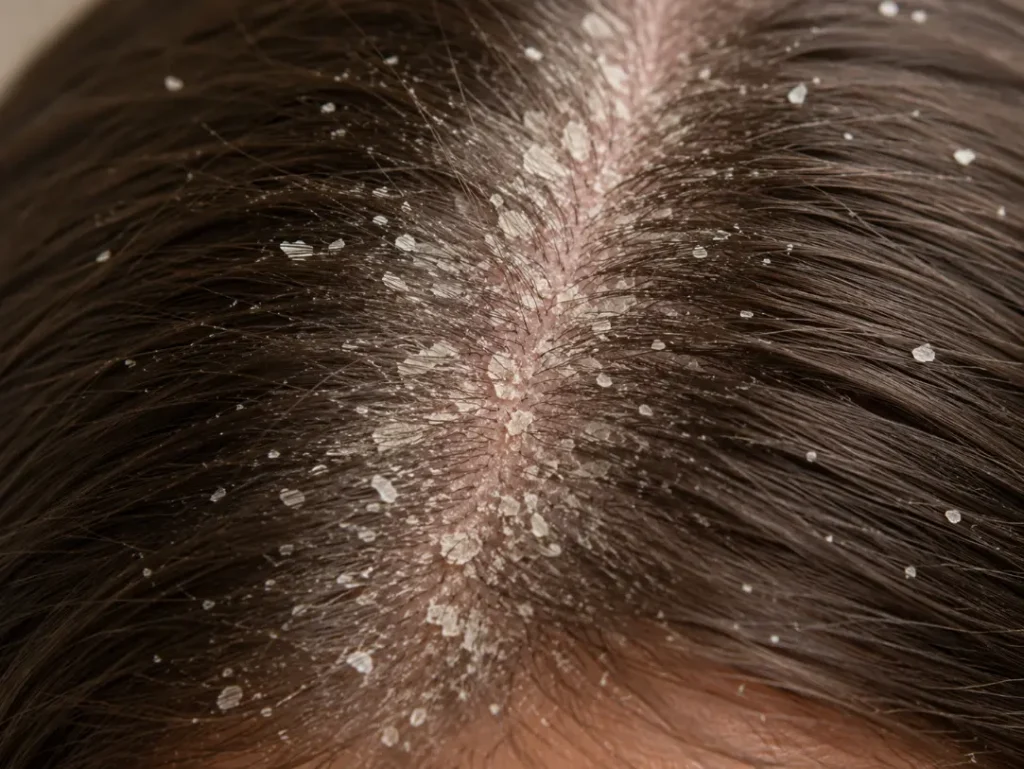 Donker haar met duidelijk zichtbare witte roosschilfers langs de scheiding